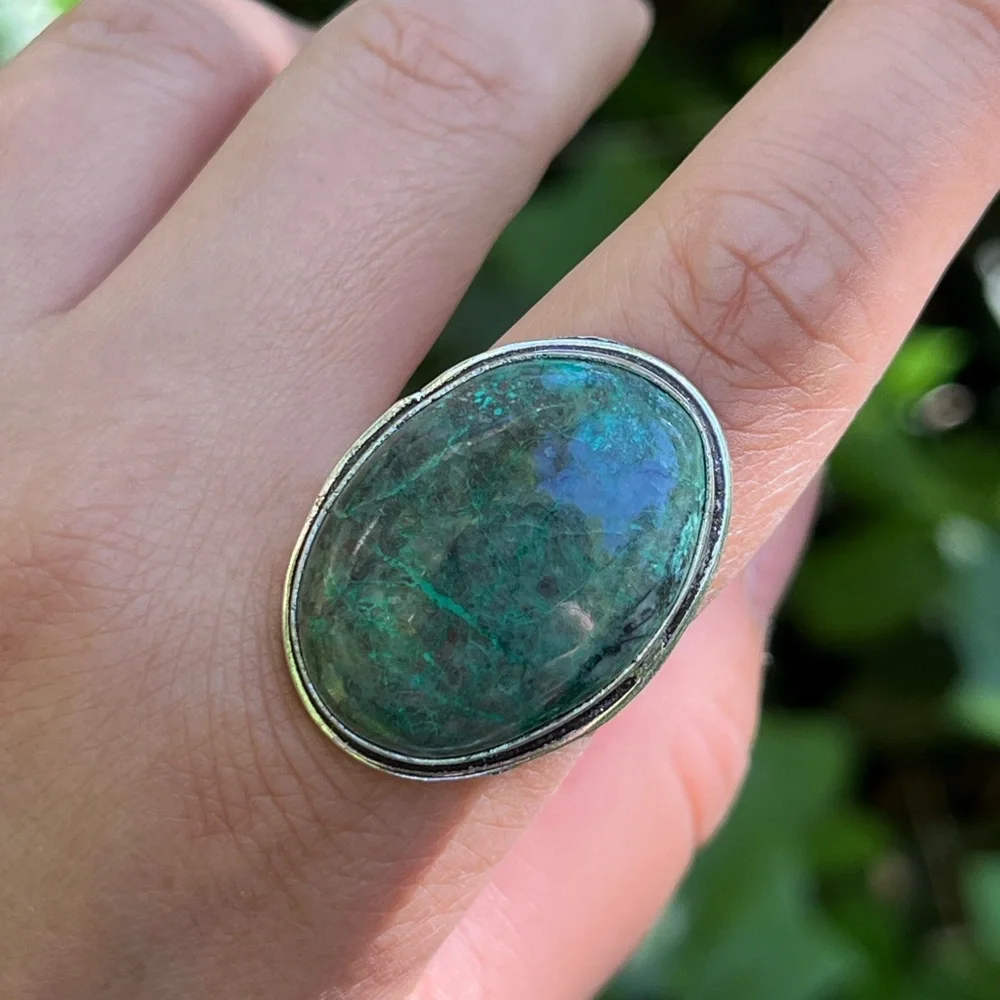 Size 9.5 925‎ silver plated Chrysocolla ring oval shape